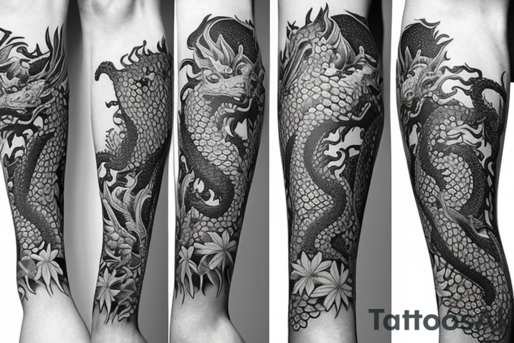 Leg half-sleeve Full Colour - Dragon tattoo with bright jungle foliage tattoo idea