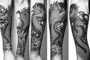 Leg half-sleeve Full Colour - Dragon tattoo with bright jungle foliage tattoo idea