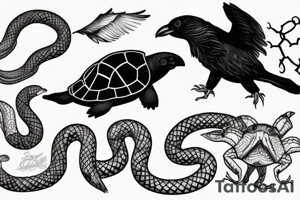 Crow with a turtle shell being chased by snake tattoo idea