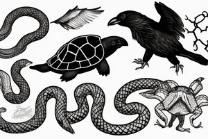 Crow with a turtle shell being chased by snake tattoo idea