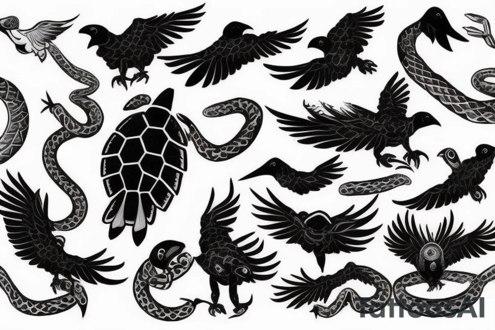 Crow with a turtle shell being chased by snake tattoo idea