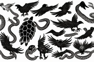 Crow with a turtle shell being chased by snake tattoo idea