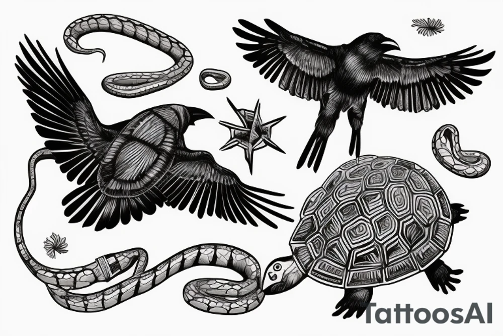 Crow with a turtle shell on its back being chased by snake tattoo idea