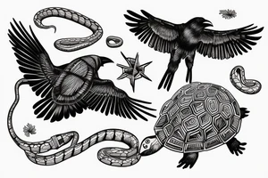 Crow with a turtle shell on its back being chased by snake tattoo idea
