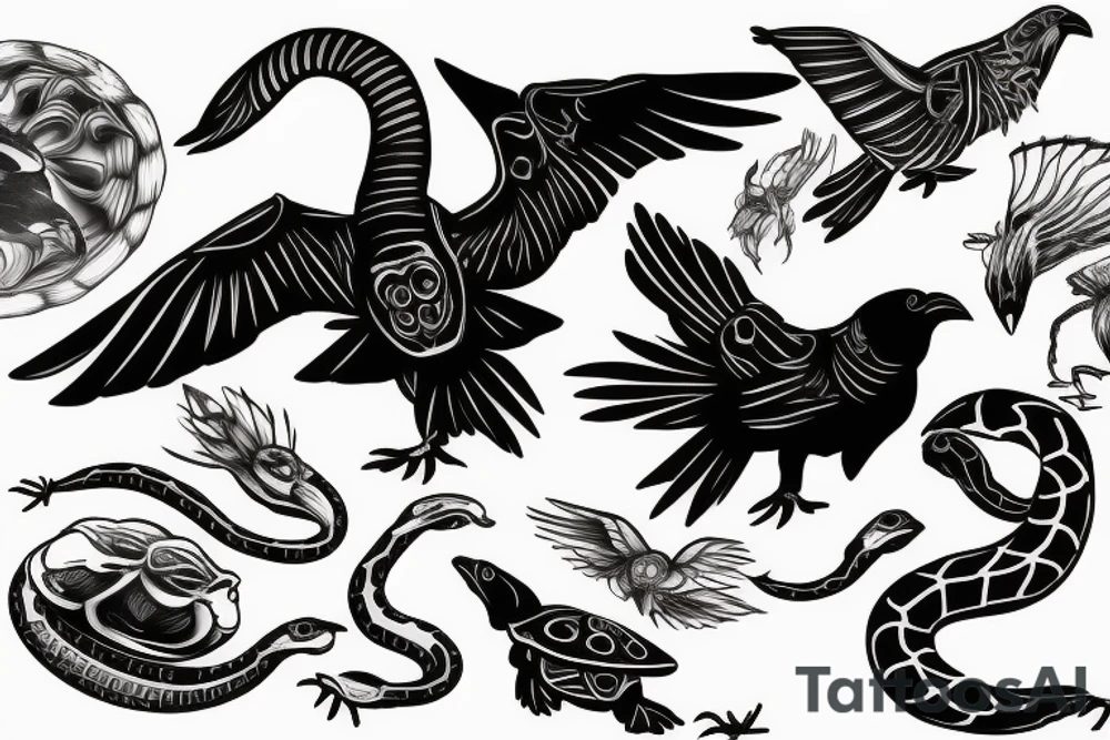 Crow with a turtle shell on its back being chased by snake tattoo idea