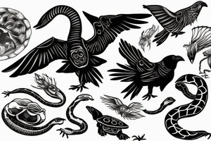 Crow with a turtle shell on its back being chased by snake tattoo idea
