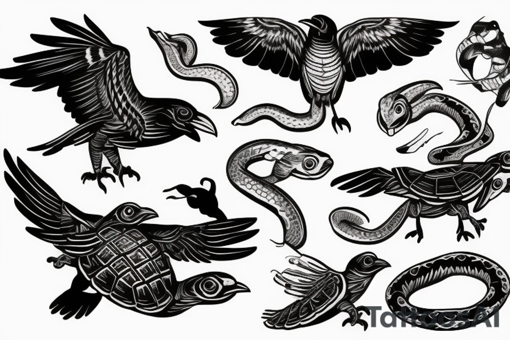 Crow with a turtle shell on its back being chased by snake tattoo idea