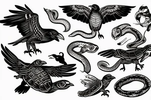 Crow with a turtle shell on its back being chased by snake tattoo idea