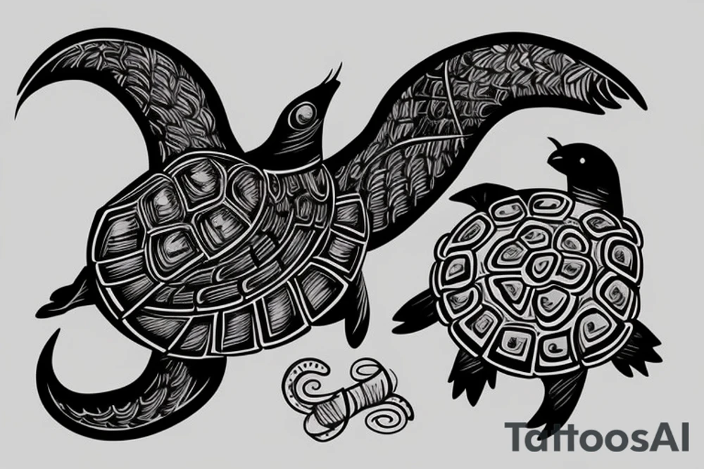 Crow with a turtle shell on its back being chased by snake tattoo idea