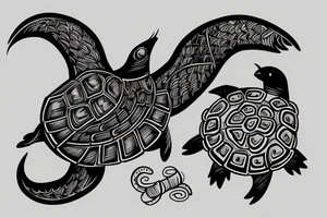 Crow with a turtle shell on its back being chased by snake tattoo idea