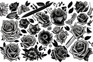 diamonds, skool, knife, flowers tattoo idea