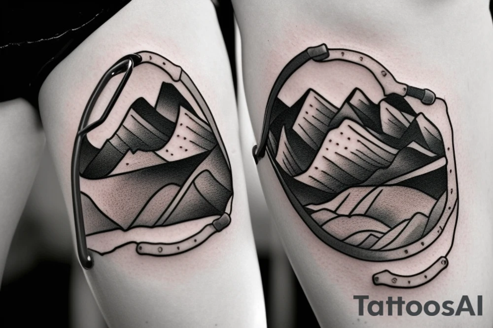 carabiner with mountain inside and the numbers 2645 underneath tattoo idea