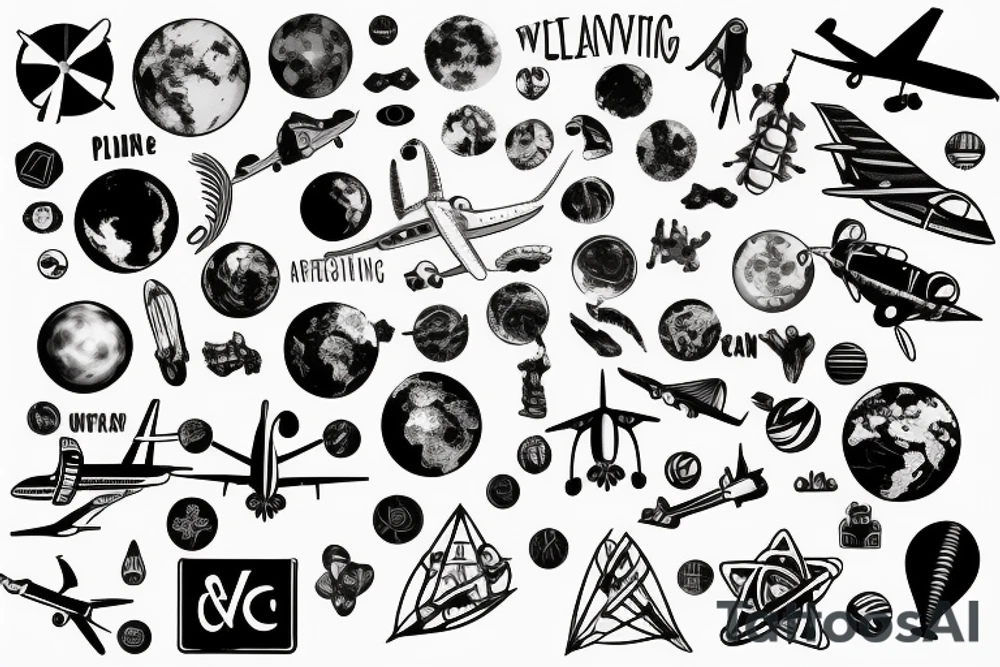plane travelling a world full of scientific objects and symbols for change tattoo idea