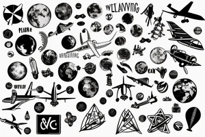 plane travelling a world full of scientific objects and symbols for change tattoo idea