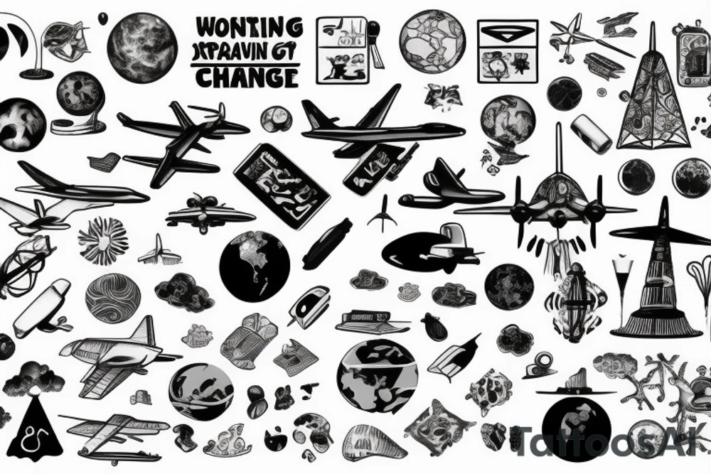 plane travelling a world full of scientific objects and symbols for change tattoo idea