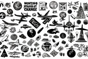plane travelling a world full of scientific objects and symbols for change tattoo idea