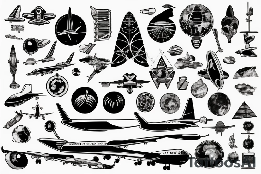 plane travelling a world full of scientific objects and symbols for change tattoo idea