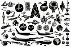 plane travelling a world full of scientific objects and symbols for change tattoo idea