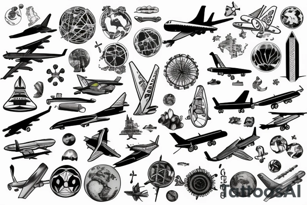 plane travelling a world full of scientific objects and symbols for change tattoo idea