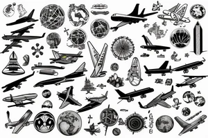 plane travelling a world full of scientific objects and symbols for change tattoo idea