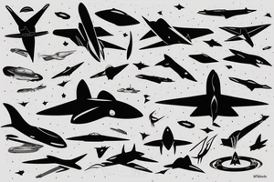 orca, paper plane and fighter jet flying in space tattoo idea