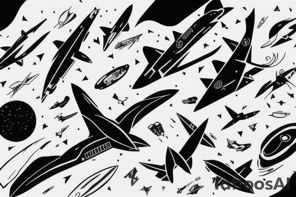 orca, paper plane and fighter jet flying in space tattoo idea orca, paper plane and fighter jet flying in space tattoo idea