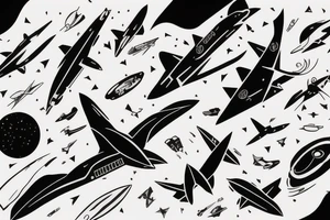 orca, paper plane and fighter jet flying in space tattoo idea