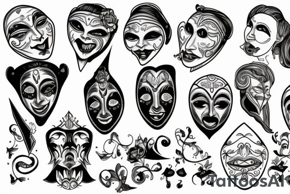 thin scroll with text in the middle with the tragedy and comedy mask in each side tattoo idea