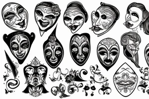 thin scroll with text in the middle with the tragedy and comedy mask in each side tattoo idea