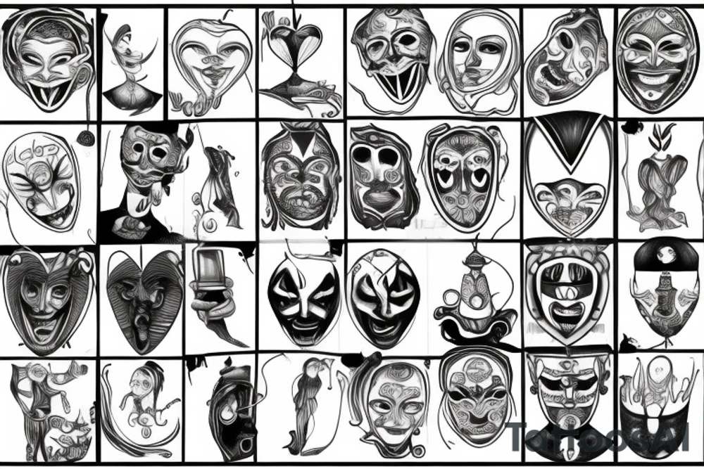 thin scroll with text in the middle with the tragedy and comedy mask in each side tattoo idea