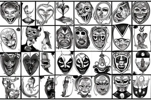 thin scroll with text in the middle with the tragedy and comedy mask in each side tattoo idea