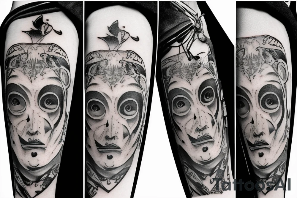 thin horizontal scroll with text with the tragedy and comedy mask tattoo idea