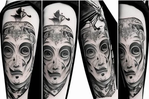 thin horizontal scroll with text with the tragedy and comedy mask tattoo idea