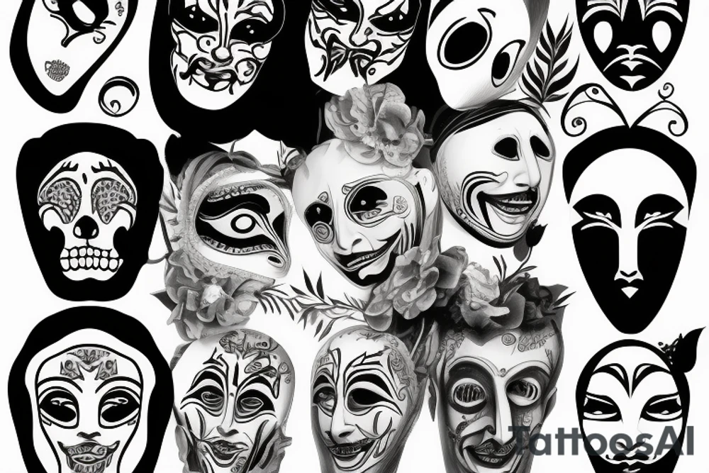 thin horizontal scroll with text with the tragedy and comedy mask tattoo idea