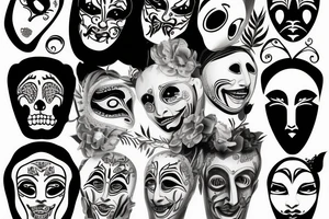 thin horizontal scroll with text with the tragedy and comedy mask tattoo idea