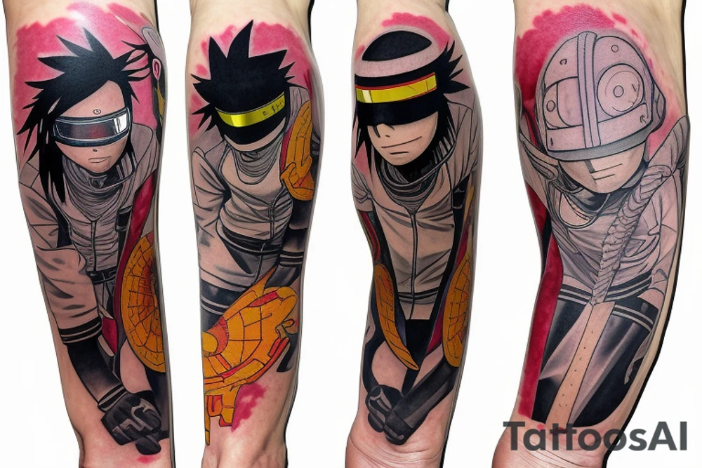 Leg sleeve, Culture Timeline, Multi sectioned, Include characters from the band gorillaz, daft punk, Naruto, Sasuke, Itachi. tattoo idea