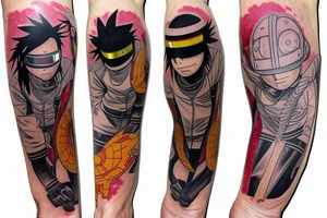 Leg sleeve, Culture Timeline, Multi sectioned, Include characters from the band gorillaz, daft punk, Naruto, Sasuke, Itachi. tattoo idea