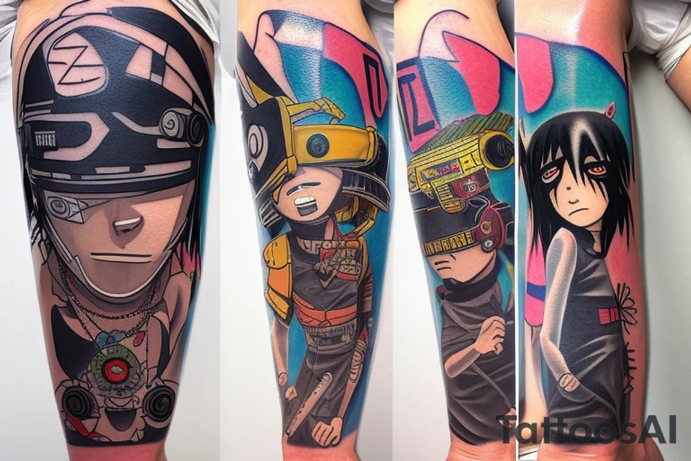 Leg sleeve, Culture Timeline, Multi sectioned, Include characters from the band gorillaz, daft punk, Naruto, Sasuke, Itachi. tattoo idea