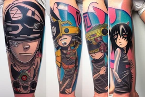 Leg sleeve, Culture Timeline, Multi sectioned, Include characters from the band gorillaz, daft punk, Naruto, Sasuke, Itachi. tattoo idea