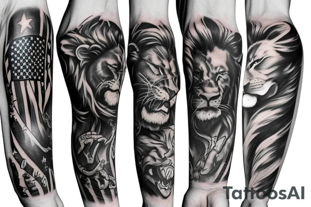 Arm sleeve, American flag, lion, family, wrestling tattoo idea