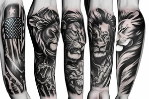 Arm sleeve, American flag, lion, family, wrestling tattoo idea