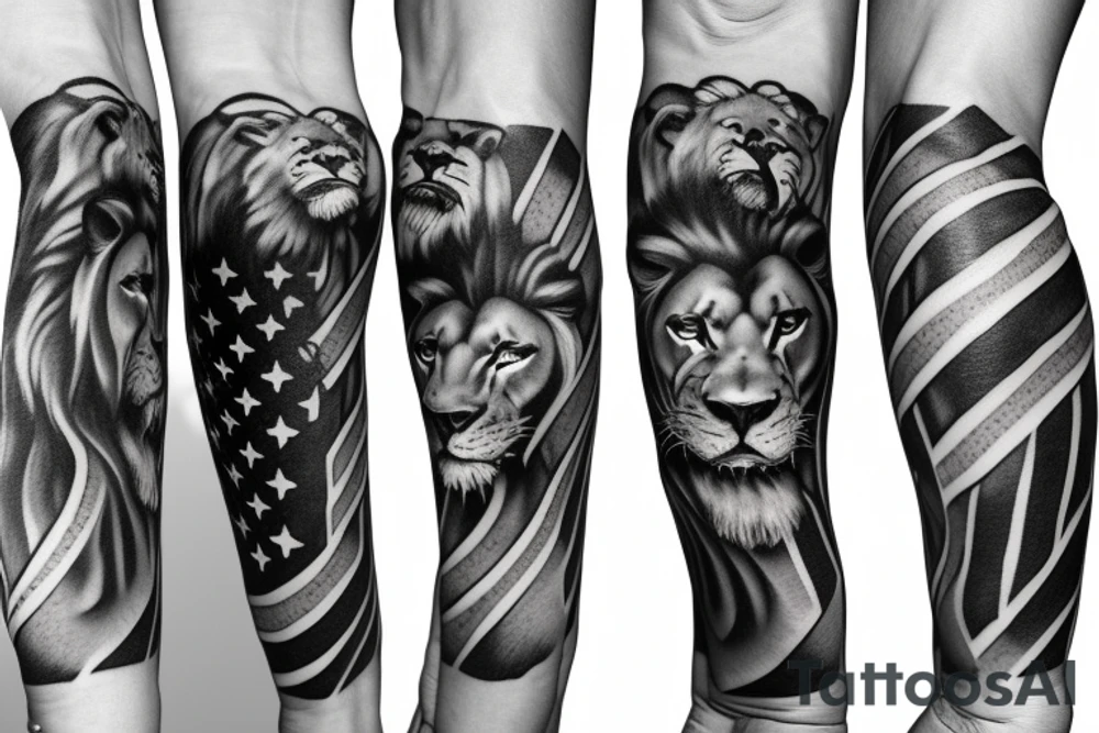 Arm sleeve, American flag, lion, family, wrestling tattoo idea