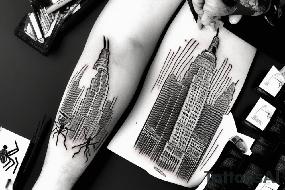 Giant spider crawling up empire state building tattoo idea Giant spider crawling up empire state building tattoo idea