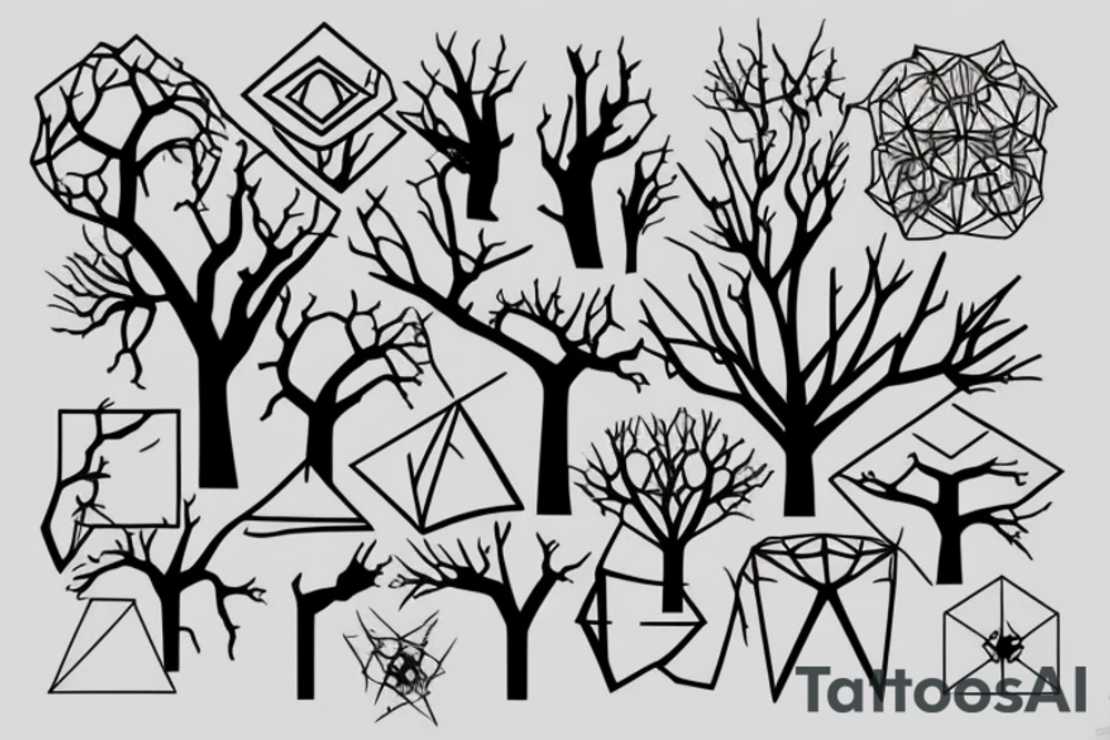A half geometric half biological looking tree on full back tattoo idea