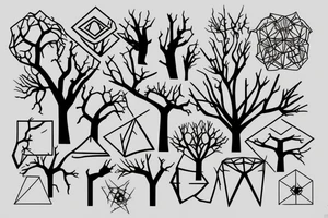 A half geometric half biological looking tree on full back tattoo idea