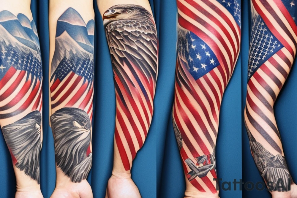 Arm sleeve with bald eagle wrapped in American flag with mountains and hunting in background tattoo idea