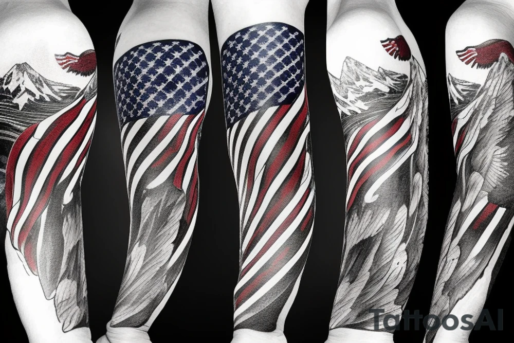 Arm sleeve with bald eagle wrapped in American flag with mountains and hunting in background tattoo idea