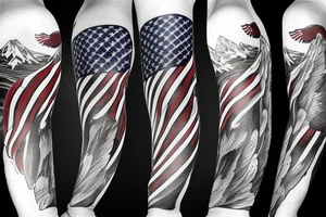 Arm sleeve with bald eagle wrapped in American flag with mountains and hunting in background tattoo idea