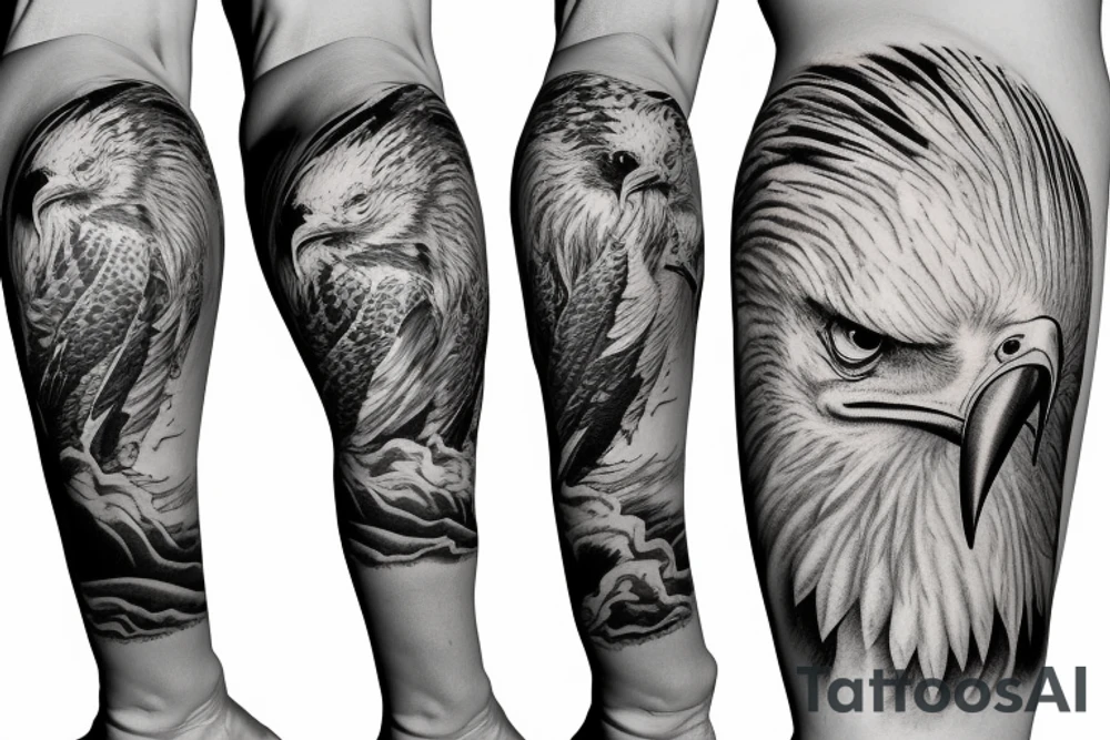 Arm sleeve with bald eagle, ship, and 
mountains and hunting in back tattoo idea