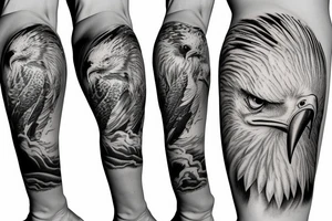 Arm sleeve with bald eagle, ship, and 
mountains and hunting in back tattoo idea